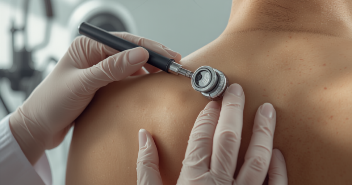 Dermatologista examinando lesão de pele com dermatoscópio durante consulta