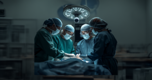 Equipe médica em centro cirúrgico durante uma cirurgia em andamento